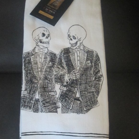 Cynthia Rowley Curious Two Grooms Skeleton Tux groomsmen Kitchen Towel Set of 2 - Picture 1 of 5